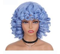 14inch Women Short Wavy Curly Wigs,Fluffy Curls Synthetic Wig with Bangs(Blue)