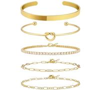14K Gold Bracelets Set for Women, Trendy Bangles Stacking Bracelets, Open Cuff Link Chain Bracelet Set, Waterproof Adjustable Gold Plated Paperclip Link Bracelet Pack for Jewelry Gifts (5PCS)