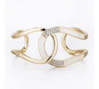 (14k Gold) Designer Cuff Bangle, Interlocking Arc Design, Mother of Pearl Inlaid & SW Crystal Elements, 14K Gold & Silver Rhodium. Janeo Jewels.