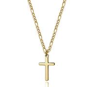 14K Gold Filled Cross Necklace for Men Figaro Chain Stainless Steel Plain Polished Cross Pendant Necklace Simple Faith Jewelry Gift for Boy Women Girls, Metal, Cubic Zirconia