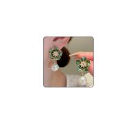 14K Gold Flower Pearl Drop Earrings for Women, Green Enamel Cluster Pearls Floral Dangle Earrings Trendy Round Pearl Flower Statement Ear Jewelry (Green)