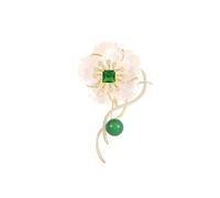 14K Gold Genuine Emerald and Jade Flower Brooch Natural Flower Pin Designer Brooches for Women, Gold, Pearl