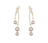 14K Gold Moissanite Freshwater Pearl Drop Earrings, Unique Cross-Line Design, Elegant Long Dangle Jewelry Gift for Her
