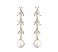 14K Gold Natural Crystal Pearl Dangle Earrings for Women, Simple Leaf Long Dangle Earrings, Fashion Christmas Jewelry Gift, Gold, Pearl Moissanite