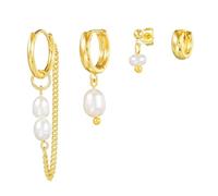 14K Gold Pearl Drop Earrings Set, Dainty Chain Dangle Stacks, Multiple Piercing Jewelry for Women, 4 Pieces