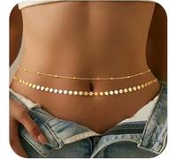 14K Gold Plated Adjustable Waterproof Women's Waist Chain - Sexy Belly Chain with Satellite Beads, Diamond - Look Pearls & Coin Charms for Bikini Styling