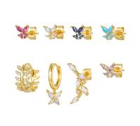 14K Gold Plated Butterfly Earring Set, 8 Piece Cubic Zirconia Stud and Hoop Collection, Colorful Butterfly Cubic Zirconia Earrings, Leaf Shaped Earrings