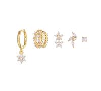 14K Gold Plated Cubic Zirconia Huggie Earrings Set, Dainty Geometric Flower Design, Lightweight, 5 Piece Collection