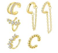14K Gold Plated Ear Cuff Set, Non Piercing Cartilage Clip, Crystal Chain Design, Standard, Brass, No Gemstone