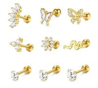 14k Gold-Plated Ear Stud & Hoop Earring Set with Zircon & Pearl Inlay, Stylish Cartilage/Tragus/Conch Piercing Jewelry for Women (c155)