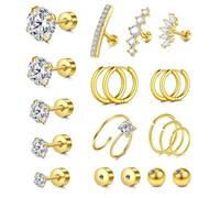 14k Gold-Plated Ear Stud & Hoop Earring Set with Zircon & Pearl Inlay, Stylish Cartilage/Tragus/Conch Piercing Jewelry for Women (c151)