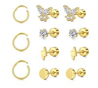 14k Gold-Plated Ear Stud & Hoop Earring Set with Zircon & Pearl Inlay, Stylish Cartilage/Tragus/Conch Piercing Jewelry for Women (c153)