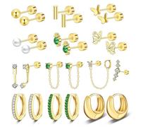 14k Gold-Plated Ear Stud & Hoop Earring Set with Zircon & Pearl Inlay, Stylish Cartilage/Tragus/Conch Piercing Jewelry for Women (c146)