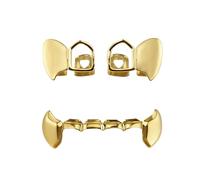 14K Gold Plated Grillz 2pcs Top & Bottom Teeth Caps Vampire Fangs Fake Grill Open Face Hip Hop Mouth Grills for Your Teeth Grillz for Women Men Rapper Costume Accessory, One Size, Brass, No Gemstone