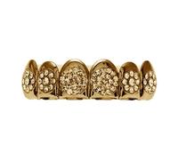 14K Gold Plated Iced Out Cluster Design Grillz Set - Gradient CZ Stone Embellished Top & Bottom Teeth Removable Hip Hop Tooth(Full diamond gold upper tooth)