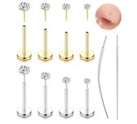 14K Gold Plated Seamless Push-in Flat Back Nose Stud, Lip Stud, Suitable For Women and Men, Hypoallergenic Medical Steel, no Thread, Nostril Tragus and Helix Piercing Jewelry, 20G Gold+Silver
