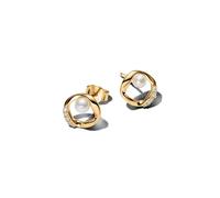 14K Gold Plated White Treated Freshwater Cultured Pearl and Clear Cubic Zirconia Stud Earrings