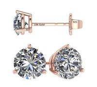 14K Gold Post & Sterling Silver Zirconia 3 Prong Martini Stud Earrings - Platinum Plated 5.50mm 1.50cttw