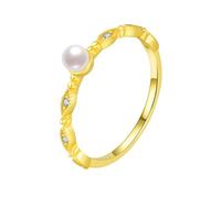 14K Gold Rings for Women Real Gold, Wedding Bands Vintage 585 Yellow Gold with White Round Shape Pearl Trendy Jewelry for Wife Size S 1/2