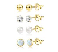 14K Gold Stud Earrings Women Small Pearl Opal Zirconia Stud Earrings Set