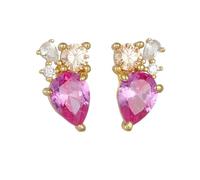 14K Gold Stud Earrings, Yellow Gold Stud Earrings with Pear Shape Created Pink Sapphire, Citrin and Moissanite