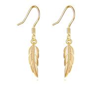14K Real Gold Feather Earrings for Women Solid Yellow Gold Bohemian Dangle Leaf Feather Dangle Earrings Jewelry Birthday Gifts for Wife Mother