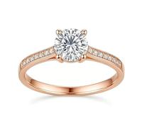 14K Rose Gold Ring for Women, Simple Wedding Band 4 Prongs with Round Moissanite Au585 Rose Gold Band Ring Size H 1/2