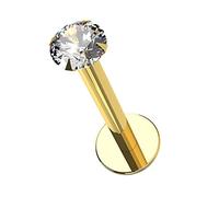 14K Solid Yellow Gold 16 Guage - 6MM Length Hollow Internal Lip Labret with 2MM Round CZ Stone Tragus Bar Piercing