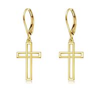 14K Solid Yellow Gold Cross Drop Dangle Earrings for Women 14K Gold Cross Leverback Earrings Christian Jewelry Gift, Yellow Gold, No Gemstone