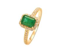 14K Solid Yellow Gold Rings for Women, Rings for Women Marriage 4 Prong Rectangle Shaped with Emerald and Diamond Gold Green Size O 1/2