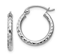 14k White Gold Diamond-Cut Hoop Earrings, (2mm Tube), 15 mm, White Gold