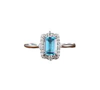 14K White Gold Engagement Rings for Women, Friendship Rings for Women Elegant Rectangular Design Lab Aquamarine 0.7Ct with Round Moissanite Size J 1/2
