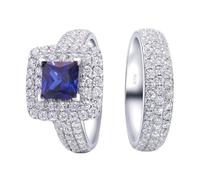14K White Gold Engagement Rings for Women, Simple ring Set with 4 Claws Square Shaped 6x6mm 1.2ct Created Sapphire with Moissanite Silver Blue Size L 1/2
