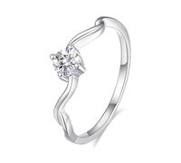 14K White Gold Ring Real, Women's Rings Wave Design with 0.3ct Round Solitaire Moissanite Au585 White Gold Band Size L 1/2