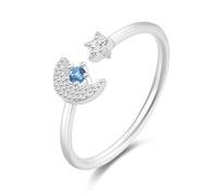 14K White Gold Ring Set, Womens Engagement Rings Moon And Star Open Ring Adjustable with Blue Round Sapphire Size T 1/2