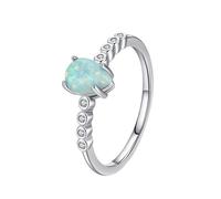 14K White Gold Rings for Women Real Gold, Promise Rings Round with Green Pear Shape Opal Trendy Jewelry for Wife Size P 1/2