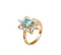 14K Yellow Gold Ring, Gold Wedding Rings for Her Flower Shape with 1ct Blue Radiant Shape Aquamarine Size K 1/2
