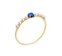 14K Yellow Gold Wedding Band, Wedding Band Gold Thin Round Opal with Pearl Size W 1/2