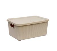 14L Litre Large Storage Box with Lid And Handle 34cm x 24cm x 17cm Rib Box Stackable BPA Free Virgin Plastic Boxes For Home and Office Store (Beige)