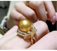14mm CZ Big Pearl Statement Wedding RingLarge South Ocean Gold Pearl Ring Inlaid with Zircon Butterfly Shape AAA Many Small Zircon Adjustable Open Pearl Finger Ring Pearl Statement Jewelry