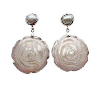 14mm White Freshwater Pearl 39mm Shell Mop Carved Flower Dangle Stud Earrings