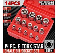 14Pc E Torx Socket Set Female Start Bit External Hex Torque E4-E24 With Case