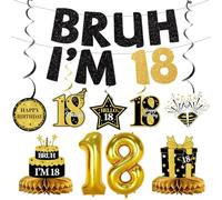 14PCS 18th Birthday Decorations for Boys Girls - Black Gold Happy 18th Birthday Decorations with Bruh I'm 18 Banner Hanging Swirls Centerpieces 18 Balloon for 18 Year Old Party Supplies Eighteen Gifts