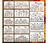14Pcs 3 Sizes Reusable Flower Stencils for Painting On Wood Wall, Washable Wildflower Stencils for Crafts Reusable, Spring Floral Field Plants Stencil for Furniture Canvas Home Decor DIY Card