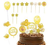 14pcs Birthday Cake Toppers, Confetti Balloons, Paper Fans, Happy Birthday Decorations, Acrylic Inserts, Fireworks, Gold Themed Party Anniversary Cake Toppers (Gold)
