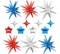 14pcs Blue Red Silver Star Balloons, Mixed Star Foil Balloon, 22Inch Explosion Stars Balloons with 10Inch Stars Shaped Balloon, for Birthday Graduation 4th of July Independence Day Party Decorations