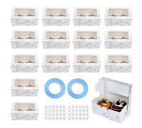 14Pcs Clear Window Cardboard Cake Boxes, Food Grade 2 Hole Cupcake Boxes, White Bakery Boxes with Window and Insert, Pop Up Cupcake Carrier with 24 Stickers 2 Ribbon Roll for Pastry Cookies Desserts