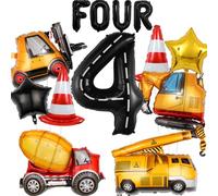 14pcs Construction Theme Birthday Party Decorations, Number 4 Large Construction Truck Traffic Cones Foil Balloon, 4th Boy Birthday Party Decoration Supplies (4th)