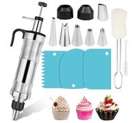 14PCS Dessert Decorating Syringe Set, Icing Piping Kit, Stainless Steel Cake Piping Kit with 6 Pipe Nozzles, Baking Decoration Kit for DIY Cupcakes and Dessert Decoration