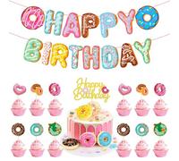 14Pcs Donut Theme Birthday Party Decorations - Glitter Donut Cake & Cupcake Toppers with Happy Birthday Banner for Birthday Party Baby Showers Cake Decorations Supplies